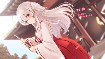 1girl absurdres ahoge blush broom commentary_request commission commissioner_name grey_hair hair_ornament hairclip hakama hakama_skirt highres holding holding_broom japanese_clothes kimono long_hair long_sleeves looking_at_viewer miko narushima_kanna one_side_up original outdoors parted_lips purple_eyes red_hakama second-party_source shrine skeb_commission skirt solo thank_you white_kimono wide_sleeves x_hair_ornament