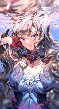 1girl black_hair black_shrug blue_eyes breasts bubble commentary earclip gloves hair_ornament hand_up hashtag-only_commentary highres honkai:_star_rail honkai_(series) hysilens_(honkai:_star_rail) large_breasts long_hair looking_at_viewer parted_lips red_gloves scales see-through_body shrug_(clothing) silence_girl solo underwater upper_body very_long_hair