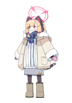 Rule 34 | 1girl, absurdres, adon (dufaladanidu), alternate costume, animal ear headphones, animal ears, artist name, black socks, blonde hair, blue archive, blue scarf, blunt bangs, blush, boots, brown boots, brown coat, coat, fake animal ears, fur-trimmed coat, fur-trimmed sleeves, fur trim, gloves, grey skirt, hair ribbon, halo, headphones, highres, layered sleeves, long coat, long sleeves, momoi (blue archive), pink eyes, pink gloves, red halo, red ribbon, ribbon, scarf, short hair, sidelocks, skirt, sleeves past wrists, socks, solo, winter clothes, winter coat
