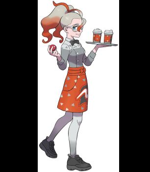 1girl apron artist_request black_bow black_bowtie blue_eyes bow bowtie coffee_pot cowlick cup disposable_coffee_cup disposable_cup from_side full_body griselle_(pokemon) hair_pulled_back highres holding holding_coffee_pot holding_poke_ball holding_tray looking_at_viewer multicolored_hair nintendo official_art orange_apron poke_ball pokemon pokemon_legends:_z-a print_apron red_apron red_hair solo split_ponytail standing standing_on_one_leg team_flare third-party_source transparent_background tray two-tone_hair waist_apron white-framed_eyewear white_hair