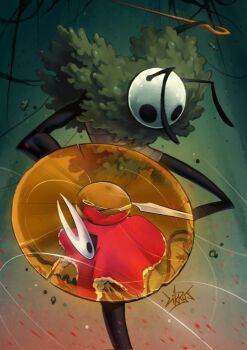 1boy 1girl antennae arthropod_boy arthropod_girl black_eyes black_skin cloak colored_skin cropped_legs highres holding holding_shield holding_weapon hollow_eyes hollow_knight hollow_knight:_silksong horned_mask hornet_(hollow_knight) horns likryt mask moss needle_(hollow_knight) pin_(hollow_knight) red_cloak reflection reflective_weapon seth_(hollow_knight) shield weapon white_mask