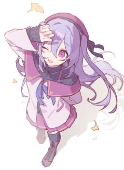 1girl arm_up beret black_sweater black_thighhighs boots brown_boots commentary_request full_body ginkgo_leaf grey_jacket hair_between_eyes hat hijiri_(resetter) jacket lace-up_boots leaf long_hair long_sleeves nayuta_(hijiri) off-shoulder_jacket off_shoulder original pleated_skirt purple_eyes purple_hair purple_hat purple_skirt ribbed_sweater shadow simple_background skirt sleeves_past_wrists solo standing sweater thighhighs thighhighs_under_boots turtleneck turtleneck_sweater two_side_up very_long_hair white_background