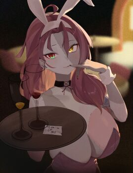 1girl absurdres alternate_breast_size_(larger) alternate_costume animal_ears artist_name black_choker black_nails breasts champagne_flute choker cleavage colored_skin commentary cup drinking_glass english_commentary fake_animal_ears grey_skin heterochromia highres holding holding_tray hololive hololive_indonesia indoors kureiji_ollie large_breasts leotard long_hair looking_at_viewer mismatched_pupils multicolored_hair multicolored_skin parted_lips patchwork_skin pink_hair pink_leotard playboy_bunny rabbit_ears red_eyes red_hair solo stitched_arm stitched_face stitched_torso stitches strapless strapless_leotard symbol-shaped_pupils tray upper_body virtual_youtuber white_wrist_cuffs wrist_cuffs x-shaped_pupils yellow_eyes yureikaigan zombie