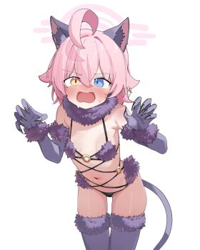 absurdres ahoge armpits arsyky14 blue_archive blue_eyes blush cosplay heterochromia highres hoshino_(blue_archive) hoshino_(first_year)_(blue_archive) looking_at_viewer mash_kyrielight mash_kyrielight_(dangerous_beast) mash_kyrielight_(dangerous_beast)_(cosplay) navel open_mouth pink_hair simple_background thighs yellow_eyes