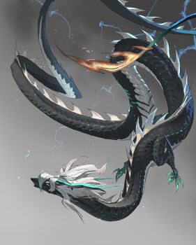 Rule 34 | absurdres, animalization, black scales, blue sclera, claws, closed mouth, colored sclera, dragon, electricity, fire, flame-tipped tail, flying, full body, gradient background, grey background, grey hair, highres, leviair, looking to the side, mane, multicolored eyes, no humans, orange eyes, original, scales, solo, tail, wings, yellow eyes