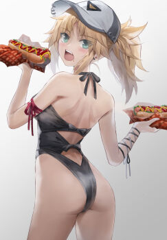1girl alternate_costume ass back baseball_cap black_leotard black_one-piece_swimsuit blonde_hair breasts cowboy_shot eating fate/apocrypha fate_(series) food from_behind green_eyes grey_background hat highleg highleg_one-piece_swimsuit highres holding holding_food hot_dog leotard looking_at_viewer medium_breasts mordred_(fate) one-piece_swimsuit open_mouth simple_background solo swimsuit teeth thighs tonee upper_teeth_only white_background