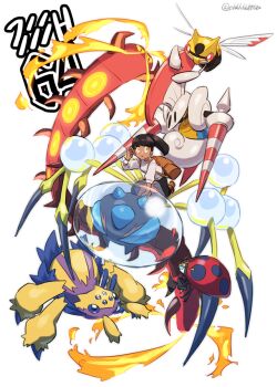 1girl alternate_costume alternate_eye_color alternate_hairstyle araquanid backpack bag black_pants blunt_bangs boots brown_bag brown_footwear brown_hair centiskorch commentary_request dynamax_band escavalier fire galvantula gen_3_pokemon gen_5_pokemon gen_7_pokemon gen_8_pokemon gloria_(pokemon) long_hair looking_to_the_side ninjask nintendo ohhhhhhtsu orbeetle pants pokemon pokemon_(creature) pokemon_swsh ponytail riding riding_pokemon shirt twitter_username white_background white_shirt yellow_eyes