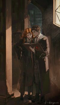 1boy 1girl black_boots black_robe black_skirt black_thighhighs blue_eyes book boots brown_hair collared_shirt full_body green_necktie grey_pants gynger_edventray_(hiiragimare) hand_on_own_hip highres hiiragimare hogwarts_legacy hogwarts_school_uniform holding holding_book hooded_robe indoors library long_hair looking_at_object necktie oc_x_canon original pants reading reading_together red_hair robe school_uniform sebastian_sallow shirt short_hair skirt slytherin thighhighs white_shirt wizarding_world