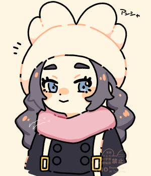 1girl ansha_(pokemon) black_jacket blue_eyes buttons character_name closed_mouth commentary_request double-breasted eyelashes hat highres jacket long_hair looking_at_viewer machamonaco nintendo notice_lines pink_scarf pokemon pokemon_legends:_z-a scarf smile solo strap upper_body watermark white_hat