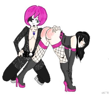ass bent_over black_hair bodysuit boots breasts brown_eyes crossdressing femdom green_eyes high_heels makeup pink_hair quality shoes shota spanked trap