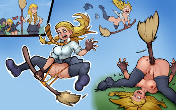 3girls anal anal_object_insertion beatrice_haywood black_skirt black_thighhighs blonde_hair blue_background blue_eyes breasts broom broom_riding broomstick brown_gloves bullying collared_shirt fingerless_gloves forced_exposure gloves hand_on_own_hip harry_potter:_hogwarts_mystery harry_potter_(series) highres huge_breasts ismelda_murk long_hair markydaysaid miniskirt multiple_girls multiple_views necktie nipples nude object_insertion on_ground open_clothes open_mouth open_shirt outdoors panties penny_haywood pussy school_uniform shirt shoes skirt socks spread_legs surprised thighhighs underwear upskirt wardrobe_malfunction white_shirt wizarding_world yellow_necktie yellow_panties,