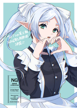 1girl apron aqua_background aqua_eyes black_dress border breasts buttons collared_dress commentary_request dress earrings elf frieren grey_hair heart heart_hands highres jewelry kizuka2020 long_hair maid_apron medium_breasts parted_bangs parted_lips pointy_ears solo sousou_no_frieren twintails upper_body white_apron white_border