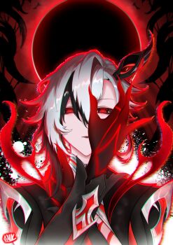 absurdres arlecchino_(genshin_impact) black_hair black_hands coat colored_extremities fur-trimmed_coat fur_trim genshin_impact highres looking_at_viewer multicolored_hair nlk red_pupils streaked_hair symbol-shaped_pupils two-tone_hair white_hair x-shaped_pupils