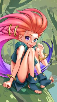 1girl :p absurdres bare_shoulders boots bracelet braid flat_chest green_eyes green_scarf green_shirt green_shorts hair_ornament heterochromia highres jewelry league_of_legends long_hair looking_at_viewer multicolored_hair open-toe_boots orange_hair outdoors pink_hair purple_eyes purple_hair rusher08 scarf shirt shorts smile solo striped_clothes striped_scarf tongue tongue_out very_long_hair zoe_(league_of_legends)