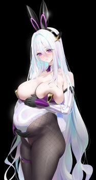 1girl absurdres animal_ear_hairband animal_ears aqua_pupils areola_slip azur_lane black_gloves blush breasts elbow_gloves fake_animal_ears fishnet_pantyhose fishnets gloves hair_between_eyes hairband highres huge_breasts kearsarge_(all_night_charge)_(azur_lane) kearsarge_(azur_lane) leotard long_hair multicolored_leotard pantyhose playboy_bunny pregnant purple_eyes purple_leotard rabbit_ear_hairband rabbit_ears strapless strapless_leotard thigh_strap thong_leotard two-tone_gloves two-tone_leotard undersized_breast_cup very_long_hair white_gloves white_hair white_leotard yd_(orange_maru)