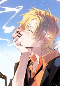 1boy black_necktie black_suit blonde_hair blush cigarette collared_shirt commentary curly_eyebrows dpspcat english_commentary facial_hair formal_clothes head_rest holding holding_cigarette looking_up male_focus mustache necktie one_piece orange_shirt sanji_(one_piece) shirt short_hair smoke solo suit