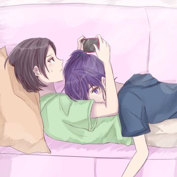 2girls asahina_mafuyu blue_hoodie brown_eyes brown_hair cellphone commentary_request couch cushion eight4474 green_shirt highres holding holding_phone hood hoodie long_hair lying_on_person multiple_girls on_couch phone project_sekai purple_eyes purple_hair shinonome_ena shirt short_hair smartphone sweatdrop yuri
