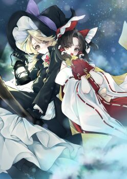 2girls ascot bare_shoulders black_boots black_coat black_gloves black_hat black_skirt blonde_hair blush boots bow braid broom broom_riding brown_hair coat commentary_request detached_sleeves forbidden_scrollery frilled_bow frilled_hair_tubes frilled_hat frills gloves hair_bow hair_tubes hakurei_reimu hat hat_bow highres holding holding_lantern kirisame_marisa lantern long_hair long_sleeves meji_aniki multiple_girls multiple_riders official_alternate_costume purple_bow red_bow red_gloves red_shirt red_skirt ribbon-trimmed_sleeves ribbon_trim scarf shirt side_braid single_braid skirt skirt_set sleeveless sleeveless_shirt smile snow touhou turtleneck white_shirt winter_clothes witch_hat yellow_ascot yellow_eyes yellow_scarf