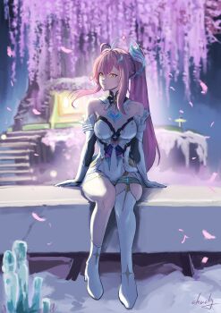 Rule 34 | 1girl, absurdres, aemeath (wuthering waves), ahoge, bare shoulders, blurry, blurry background, breasts, chucky (chucky1000sun), closed mouth, commentary request, elbow gloves, gloves, hair ornament, highres, long hair, medium breasts, orange eyes, pink hair, ponytail, signature, sitting, smile, solo, thighs, turning head, white gloves, wuthering waves