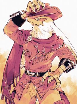 1other adjusting_clothes adjusting_headwear belt blaziken blaziken_(frontier) blue_eyes cowboy_hat cowboy_shot feathers gen_3_pokemon hakata_no_kuma hand_on_own_hip hat highres jacket leather leather_jacket looking_at_viewer neckerchief nintendo pokemon pokemon_(creature) pokemon_focus pokemon_unite slit_pupils talons