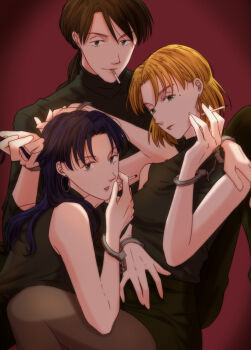 1boy 2girls akagi_ritsuko bare_arms beard_stubble between_fingers black_hair black_shirt black_skirt blonde_hair blue_hair breasts cigarette closed_mouth cuffs earrings facial_hair green_eyes grey_eyes grey_pantyhose hand_in_another's_hair hand_on_another's_shoulder handcuffs holding holding_cigarette hoop_earrings jewelry kaji_ryouji katsuragi_misato lipstick long_hair looking_at_viewer low_ponytail makeup medium_breasts mole mole_under_eye mouth_hold multiple_girls neon_genesis_evangelion pantyhose parted_bangs parted_lips ponytail red_background red_lips shared_handcuffs shirt sitting skirt sleeveless sleeveless_shirt smoking stubble three-quarter_sleeves turtleneck turtleneck_shirt ysck