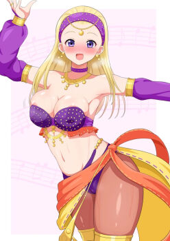 1girl aikome_(haikome) arabian_clothes areola_slip bare_shoulders belly_dancer blonde_hair breasts cleavage dragon_quest dragon_quest_xi harem_outfit large_breasts long_hair purple_eyes senya_(dq11) solo