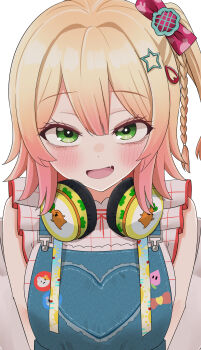 1girl absurdres arms_behind_back blonde_hair blue_overalls blush braid breasts center-flap_bangs character_print commentary_request denim denim_overalls dot_nose fang frilled_shirt frills gradient_hair green_eyes hair_ornament headphones headphones_around_neck heart highres hololive looking_at_viewer medium_hair momosuzu_nene momosuzu_nene_(7th_costume) multicolored_hair natsume_mina official_alternate_costume official_alternate_hairstyle open_mouth overalls pink_hair sanpaku shirt side_ponytail smile solo star_(symbol) star_hair_ornament upper_body virtual_youtuber white_background