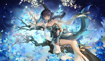 1girl absurdres bare_shoulders black_hair blue_flower branch breasts bug butterfly chinese_clothes chinese_commentary cleavage collar commentary_request detached_collar dress flower gloves green_collar green_dress green_eyes green_gloves hair_between_eyes hair_bun hair_ornament hair_stick highres honkai:_star_rail honkai_(series) insect jewelry large_breasts leaf long_hair looking_at_viewer lv_zhu_xuan lying necklace pearl_necklace ruan_mei_(honkai:_star_rail) shawl solo thigh_strap tree white_flower white_shawl