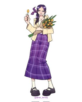 Rule 34 | 1girl, blue eyes, bouquet, commentary, drw hrvnj, english commentary, eyelashes, flower, highres, holding, holding bouquet, holding flower, jacket, jewelry, long skirt, necklace, nico robin, one piece, ponytail, purple lips, purple skirt, sidelocks, skirt, smile, socks, solo, tulip, twitter username, white socks, yellow jacket