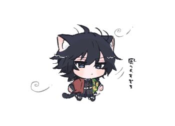 Rule 34 | 1boy, animal ears, belt, black hair, black jacket, black pants, blue eyes, blush stickers, buttons, cat boy, cat ears, chibi, chibi only, demon slayer uniform, full body, g nyan t, gold buttons, hair between eyes, haori, high collar, jacket, japanese clothes, kikkoumon, kimetsu no yaiba, long hair, low ponytail, male focus, pants, ponytail, print haori, red haori, simple background, solo, spiked hair, tomioka giyuu, translation request, white background, white belt