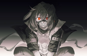 1girl absurdres arknights closed_mouth crownslayer_(arknights) dopperu_ben hair_between_eyes highres hood hood_up hooded_jacket hyena_ears hyena_girl jacket limited_palette looking_at_viewer muzzle_(mask) partially_colored red_eyes short_hair simple_background solo squatting