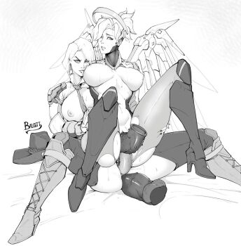 2girls anal anal_object_insertion arm_tattoo ashe_(overwatch) asymmetrical_hair bodysuit breasts chaps dildo dildo_riding double_dildo earrings fingerless_gloves gloves halo high_heels high_ponytail huge_dildo jewelry lips lipstick looking_at_viewer makeup mechanical_halo mechanical_wings medium_breasts medium_hair mercy_(overwatch) monochrome multiple_girls nipples object_insertion overwatch overwatch_2 ponytail pussy sex_toy shared_object_insertion short_hair smile spread_wings tattoo uncensored vaginal vaginal_object_insertion vibrator victorbalgitt white_hair wings yellow_wings yuri