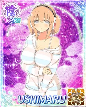 1girl arm_under_breasts border bra_strap breasts bright_pupils card_(medium) character_name cleavage game_cg grey_eyes hair_ribbon hand_on_own_arm headphones hood hoodie large_breasts medium_hair official_art orange_hair pajama_shorts pajamas purple_background ribbon senran_kagura senran_kagura_new_wave short_twintails single_off_shoulder solo striped_clothes striped_hoodie third-party_source twintails ushimaru_(senran_kagura) white_pupils white_ribbon