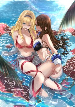 Rule 34 | 2girls, :o, absurdres, akimio, bare shoulders, beatrix (granblue fantasy), bikini, blonde hair, blue bikini, blue eyes, blush, breasts, brown eyes, brown hair, cleavage, collarbone, commentary request, granblue fantasy, highres, large breasts, long hair, looking at viewer, multiple girls, navel, o-ring, o-ring bikini, o-ring top, ocean, one eye closed, partially submerged, red bikini, side-tie bikini bottom, swimsuit, thighs, water, wavy mouth, wet, zeta (granblue fantasy)