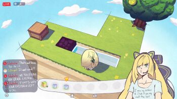 1girl andrich_galam blonde_hair blue_sky chair chat_log clothes_writing cloud cobblestone_generator commentary diagonal_bangs english_commentary english_text gameplay_mechanics gaming_chair green_eyes hair_over_one_eye heads-up_display highres livestream long_hair lusamine_(pokemon) mature_female minecraft nintendo o3o outdoors pokemon pokemon_pokopia pokemon_sun_and_moon sitting sky swivel_chair tree user_interface very_long_hair