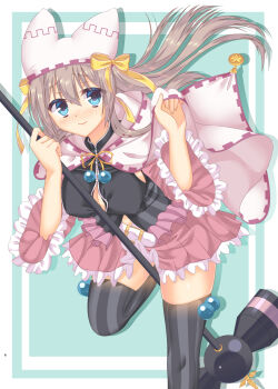 1girl 3: animal_ear_headwear aqua_background belt black_thighhighs blue_eyes blush bobbles bow breasts brown_hair button_gap cape cleavage closed_mouth commentary_request covered_erect_nipples drop_shadow embarrassed eyes_visible_through_hair fake_animal_ears floating_cape floating_hair foot_out_of_frame frilled_skirt frilled_sleeves frills furrowed_brow fuyukichi_(nikoniko1567) hair_between_eyes hammer hands_up hat hat_bow hat_ribbon highres holding holding_hammer large_breasts leaning_forward long_hair long_sleeves looking_at_viewer magical_girl miniskirt nose_blush pink_skirt pink_sleeves pleated_skirt ribbon sanoba_witch shiiba_tsumugi simple_background skirt solo standing standing_on_one_leg striped_clothes striped_thighhighs thighhighs two-tone_background vertical-striped_clothes vertical-striped_thighhighs white_background white_belt white_cape white_hat wide_sleeves yellow_bow yellow_ribbon zettai_ryouiki