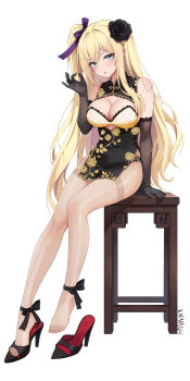 1girl :p blonde_hair blue_eyes breasts china_dress chinese_clothes cleavage dress feet flower hair_flower hair_ornament highres light_blush long_hair looking_at_viewer pantyhose shoes side_ponytail toes tongue tongue_out unworn_shoes xnnagu