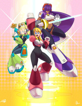 3girls absurdres alia_(mega_man) android arm_cannon arm_up blonde_hair blue_eyes bodystocking bodysuit breasts capcom clenched_hand dark-skinned_female dark_skin energy_gun fringe_trim gloves gun hair_over_eyes handgun highres holding holding_weapon knees_together_feet_apart large_breasts layer_(mega_man) leg_up lipstick long_hair makeup mega_man_(series) mega_man_x8 mega_man_x_(series) multiple_girls open_mouth pallette_(mega_man) pistol purple_hair rapier ray_gun signature smile sprite37 sword teeth underboob weapon white_gloves
