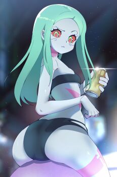 1girl absurdres ass bra breasts can cityscape colored_sclera colored_skin cup curvy cyberpunk:_edgerunners cyberpunk_(series) cyborg drinking_glass gjh green_eyes green_hair hair_down highres holding holding_cup huge_ass leg_tattoo long_hair looking_at_viewer looking_back mechanical_eyes neck_tattoo rebecca_(cyberpunk) red_sclera shiny_skin sitting small_breasts solo stomach_tattoo tattoo underwear white_skin wide_hips