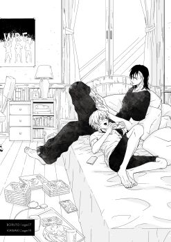 2boys absurdres barefoot bed book bookshelf boruto:_two_blue_vortex bowl chair commentary_request cup earrings facial_mark greyscale handheld_game_console highres holding holding_book holding_handheld_game_console ikkiritsu jewelry kawaki_(boruto) lamp male_focus monochrome multicolored_hair multiple_boys naruto_(series) neck_tattoo office_chair one_eye_closed open_mouth pants pillow playing_games reading scar scar_across_eye scar_on_face shirt shorts stud_earrings swivel_chair t-shirt tattoo trash_can tray two-tone_hair undercut uzumaki_boruto