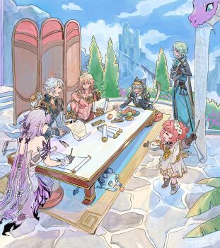 3boys 3girls anaxa_(honkai:_star_rail) animal_ear_hood animal_ears animal_hood aqua_robe armor bare_shoulders black_hood black_shirt blonde_hair blue_sky body_markings bunnyclvb butterfly_ornament castorice_(honkai:_star_rail) cat_ears cat_girl cat_hood cat_tail chimera_(honkai:_star_rail) cipher_(honkai:_star_rail) closed_eyes cloud cloudy_sky cobblestone commentary dress dromas_(honkai:_star_rail) english_commentary eyepatch fake_animal_ears flower folding_screen food fruit gauntlets green_hair grey_hair hair_flower hair_ornament highres holding holding_paper honkai:_star_rail honkai_(series) hood hood_up long_hair low_twintails multiple_boys multiple_girls outdoors paper phainon_(honkai:_star_rail) purple_hair red_hair robe scroll shirt short_hair shoulder_armor sky studying table tail tribbie_(honkai:_star_rail) twintails white_dress white_flower writing yawning