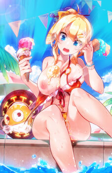 1girl alicecrazy assisted_exposure beach_umbrella bead_necklace beads bikini bikini_pull blonde_hair blue_eyes blue_sky blush bow breasts character_request cleavage clenched_teeth clothes_pull cloud clumsy collarbone day dripping dropping elsword eyebrows eyelashes female_focus female_gunner_(dungeon_and_fighter) flag food food_on_body frilled_bikini frills front-tie_top hair_between_eyes hair_bow hair_bun hair_ornament hair_stick hairclip head_tilt highres holding holding_food ice_cream ice_cream_cone ice_cream_cone_spill jewelry large_breasts lens_flare long_hair looking_at_viewer melting multiple_scoops navel_piercing necklace nipple_slip nipples o-ring o-ring_top one_breast_out open_mouth outdoors palm_tree piercing pool pulling_another's_clothes red_bikini rose_(elsword) short_hair sidelocks single_hair_bun sitting skindentation sky soaking_feet solo string suggestive_fluid summer sweat swimsuit tears teeth tree umbrella waffle_cone water wet yellow_bikini