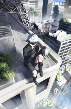 1boy 9s_(nier:automata) absurdres artist_name black_boots black_choker black_gloves black_jacket black_shorts blindfold blue_sky boots building bush choker closed_mouth cloud cloudy_sky commentary day from_above full_body gears gloves grey_hair highres holding jacket knee_up long_sleeves lucien_tube male_focus nier:automata nier_(series) outdoors plant pod_(nier:automata) ruins scenery short_hair shorts sitting sky solo