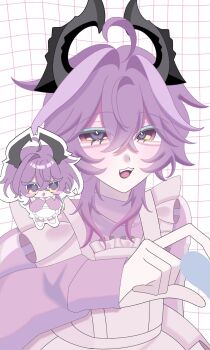 :3 ahoge amanenemimi chibi commentary dragon_horns fang genshin_impact half-heart_hands hand_up highres horns jersey_maid long_sleeves maid mini_durin_(genshin_impact) mini_durin_(human)_(genshin_impact) open_mouth purple_hair unconventional_maid