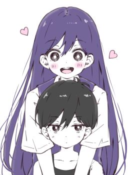1boy 1girl :d alternate_eye_color behind_another black_eyes black_hair black_tank_top blush bright_pupils brother_and_sister closed_mouth collarbone collared_shirt colored_skin commentary_request dot_mouth double-parted_bangs expressionless hair_behind_ear hair_between_eyes heart highres jitome joshik_anknice long_hair looking_at_another looking_at_viewer mari_(headspace)_(omori) mari_(omori) nose_art omori omori_(omori) open_mouth portrait purple_hair purple_sweater_vest round_teeth shirt short_hair short_sleeves siblings simple_background smile straight-on straight_hair sweater_vest tank_top tareme teeth tongue tsurime upper_body upper_teeth_only very_long_hair very_short_hair white_background white_pupils white_shirt white_skin wide-eyed