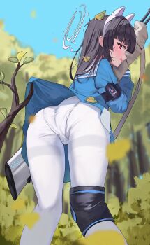 Rule 34 | 1girl, absurdres, animal ears, armband, black hair, blue archive, blue serafuku, blue skirt, blue sky, blush, bolt action, branch, clothes lift, commentary request, embarrassed, fake animal ears, feet out of frame, forest, from below, grey halo, gun, half-closed eye, halo, highres, hime cut, holding, knee pads, leaf, leaf on head, long hair, long sleeves, looking at viewer, looking back, miyu (blue archive), mosin-nagant, nature, open mouth, outdoors, panties, pantyhose, pantyshot, rabbit ears, rdeenz, red eyes, rifle, school uniform, serafuku, single knee pad, skirt, skirt lift, sky, solo, underwear, wavy mouth, weapon, white panties, white pantyhose