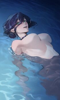 Rule 34 | 1girl, absurdres, afloat, black choker, black hair, blush, breasts, chainsaw man, choker, commentary request, completely nude, green eyes, highres, light particles, looking at viewer, medium breasts, ninebell, no nipples, nude, partially submerged, reze (chainsaw man), solo, water