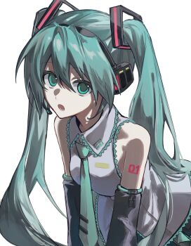 1girl aqua_eyes aqua_hair aqua_necktie bare_shoulders detached_sleeves hair_ornament hashtag-only_commentary hatsune_miku headphones highres long_hair looking_at_viewer necktie open_mouth rishaku_(user_cuwx8758) simple_background sleeveless solo twintails very_long_hair vocaloid white_background