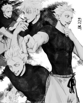 1boy baggy_pants bleeding blood closed_mouth compression_shirt dio_saurr gojou_satoru greyscale highres jujutsu_kaisen male_focus monochrome muscular muscular_male nosebleed open_mouth pants short_hair smile solo white_background white_hair