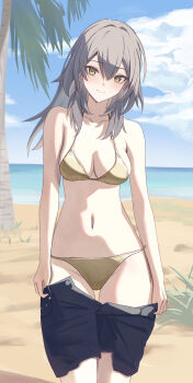 1girl absurdres beach bikini black_shorts blue_sky breasts cleavage clothes_pull commentary_request gold_bikini grey_hair highres honkai:_star_rail honkai_(series) ilu looking_at_viewer medium_breasts medium_hair navel ocean outdoors palm_tree shorts shorts_pull sky smile solo stelle_(honkai:_star_rail) stomach swimsuit trailblazer_(honkai:_star_rail) tree yellow_eyes